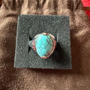 Turquoise Stone Silver Ring - Size 9